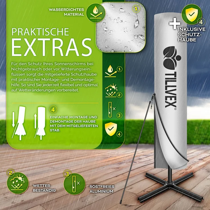 tillvex® Alu Sonnenschirm Rechteckig Ø 330 cm mit LED Solar Grau + Abdeckung mit Kurbel | Ampelschirm mit Ständer & Windschutz | Gartenschirm UV-Schutz, wasserdicht, 360° drehbar | Kurbelschirm Marktschirm – Bild 6