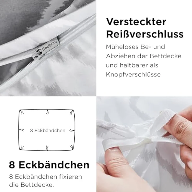 BEDSURE Bettwäsche 155x220 3teilig Bettbezug - Bettwäsche-Sets 155x220 cm mit 2 Kissenbezüge 80x80 cm, Bettwäsche Set Muster Grau Gitter für Einzelbett mit Reißverschluss – Bild 5