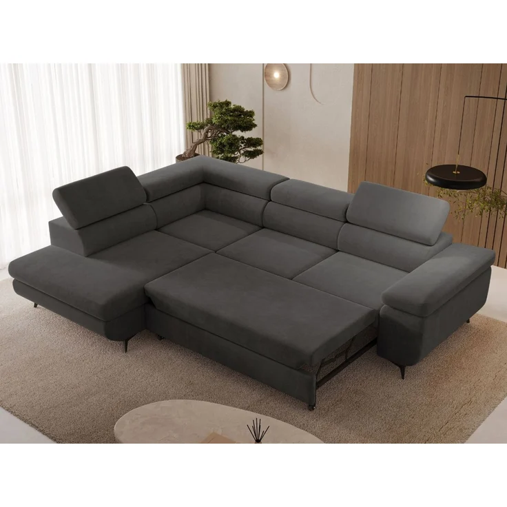 GRAINGOLD Ecksofa mit Bettfunktion, Bettkasten, Einstellbaren Kopfstützen, Velvet-Stoff, Dunkelgrau, Links – Bild 4