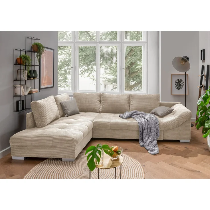Ecksofa modern Schlafsofa Eckcouch Polsterecke L-Form Ottomane links Cord Beige – Bild 2