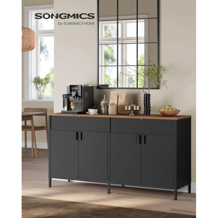 SONGMICS Aufbewahrungsschrank, Metallschrank, mit 4 Türen, Magnetverschluss, Verstellbarer Einlegeboden, Stahlgestell, 40 x 141 x 76 cm, tintenschwarz-vintagebraun LSC205BD01 – Bild 3