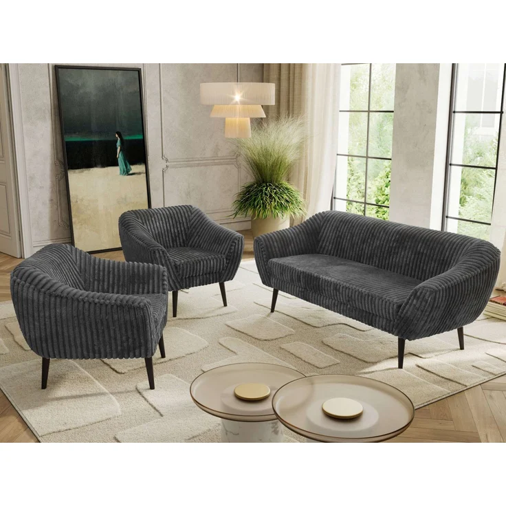 Wohnzimmerset PIRS 1-1-3, Skandinavisches 3-Sitzer Sofa mit Sesseln, Sofa mit Wellenfederung, schwarze Füße, Skandinavisches Möbelset - Grau Cord – Bild 3