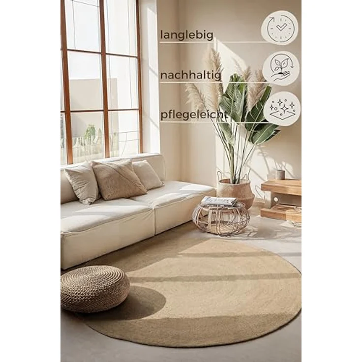 XXXL Juteteppich Jute Braided, Rund, Champagner, Ø 100 cm, Oeko-Tex® Standard 100, Beidseitig verwendbar, Pflegeleicht, Für Fußbodenheizung geeignet – Bild 3
