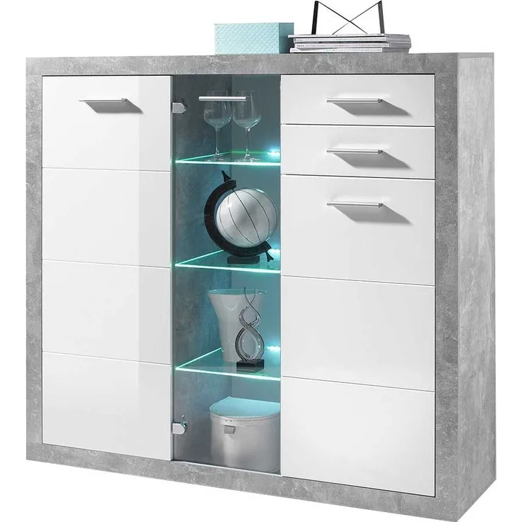 Highboard Spider / Stone, Glas, Holzwerkstoff, Grau, Weiß, 137 x 134 x 37 cm