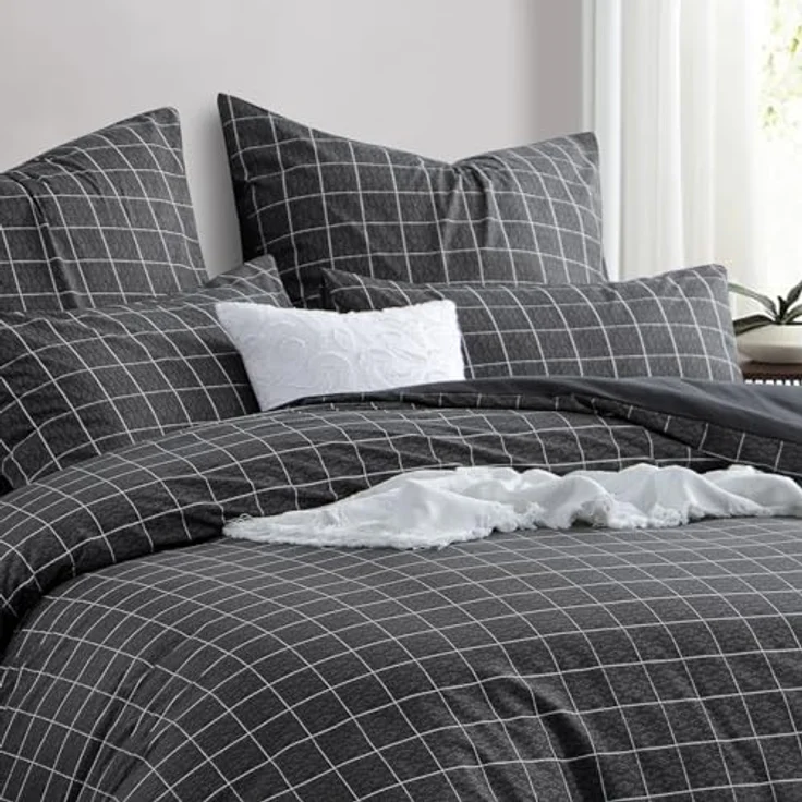 RUIKASI Bettwäsche 135x200 4teilig Anthrazit - Bettbezüge 135x200 2er Set mit Gitter Muster, Bettwäsche-Sets 135x200 cm aus Mikrofaser mit Reißverschluss Weich und Bügelfrei – Bild 4