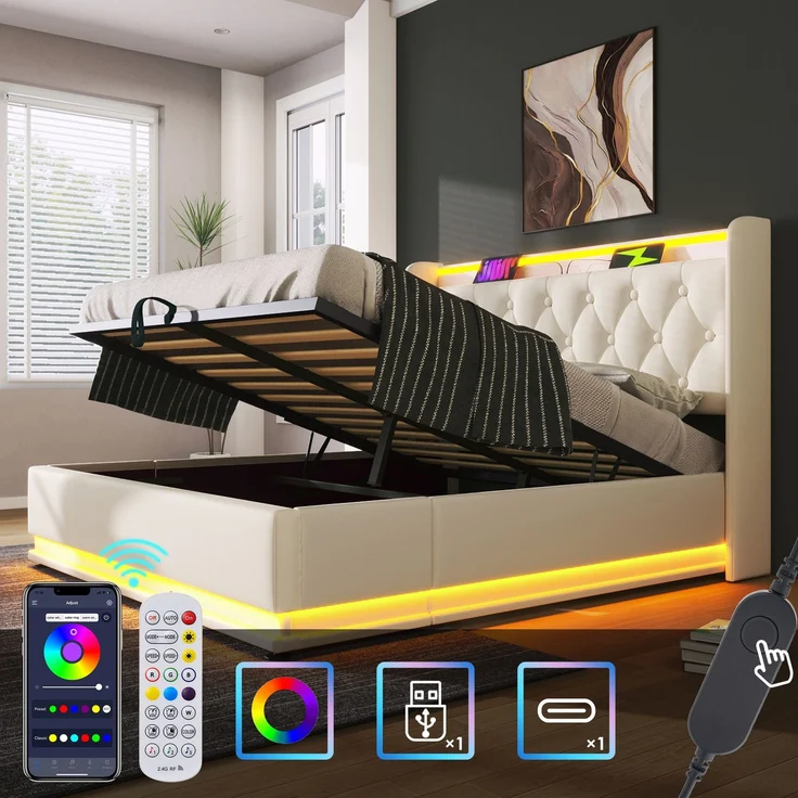 EINHOM Polsterbett Einzelbett, 360-Surround-LED-Funktion, 140 x 200 cm, Weiß PU-Material Hydraulisches Lagerbett, Gepolstertes Kopfteil mit USB Typ-C Ladefunktion, (Mit Matratze) – Bild 3