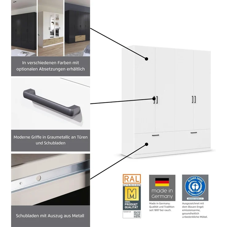 rauch Drehtürenschrank Kleiderschrank Schrank Garderobe Wäscheschrank BARI mit Spiegel mit Schubasten mittig, moderner Griff in Graumetallic MADE IN GERMANY – Bild 4