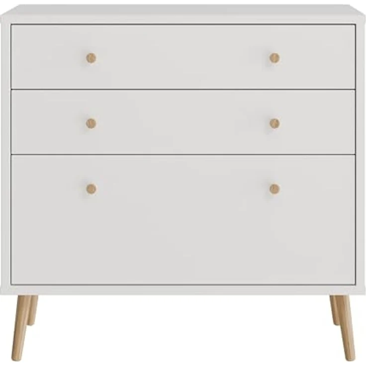 Forte HARLLSON Sideboard 90, Mid-Century-Modern Stil, leichte Montage Dank EasyKlix by Forte, 3 Schubladen, hohe Füße, Holzwerkstoff, Weiß, 89,8 cm breit x 86,5 cm hoch x 41,5 cm tief – Bild 3