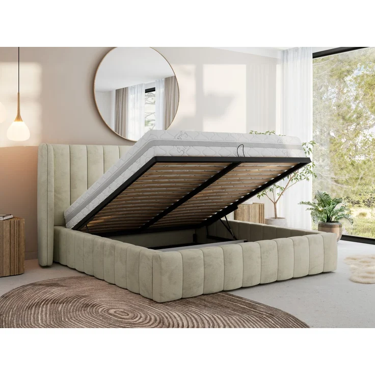 Polsterbett GOLETTA CLASSIC 180 x 200 cm mit gepolstertem Kopfteil, stabilem Bettrahmen, Lattenrost und Bettkasten mit Gasdruckfedern, Doppelbett, zeitloses Design Foam Matratze - Beige Velvet - MIRO LUX – Bild 3