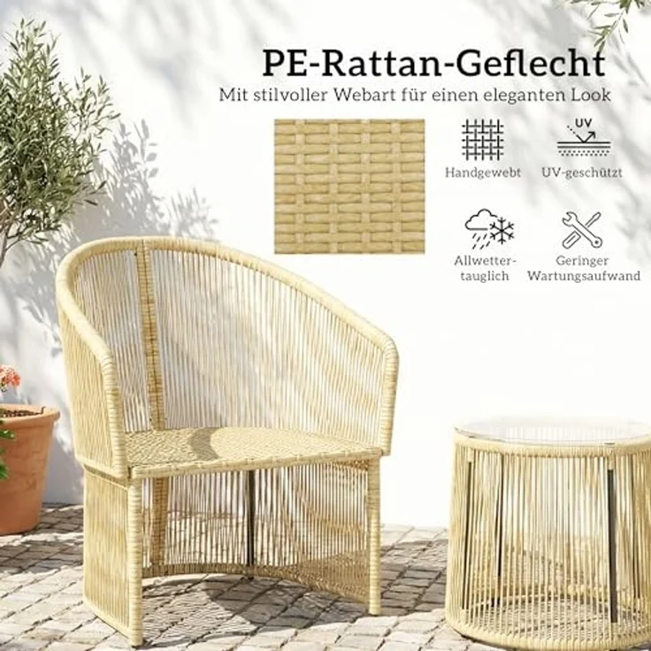 Outsunny Sitzgruppe Rattan-Bistro-Set, (Set, 3-tlg, 1 Tisch, 2 Sessel), Rattan-Bistro-Set mit Kissen – Bild 4