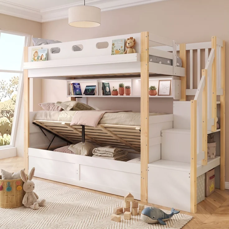 U-life Etagenbett 90x200 cm, fürs Kinderzimmer, Kinderbett, Holzbett, LED-Beleuchtung, USB-Aufladen, Massivholz, Weiß – Bild 4