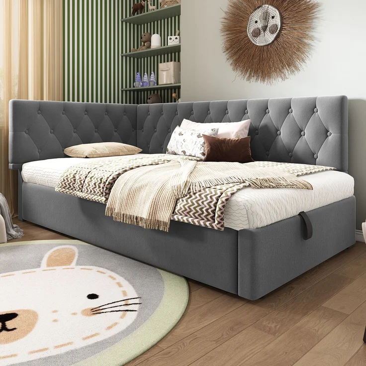 Schlafsofa L-Form Grau Samt Stauraum Hydraulisch 90x190 cm Beige Rosa Kopfteil beidseitig montierbar – Bild 2