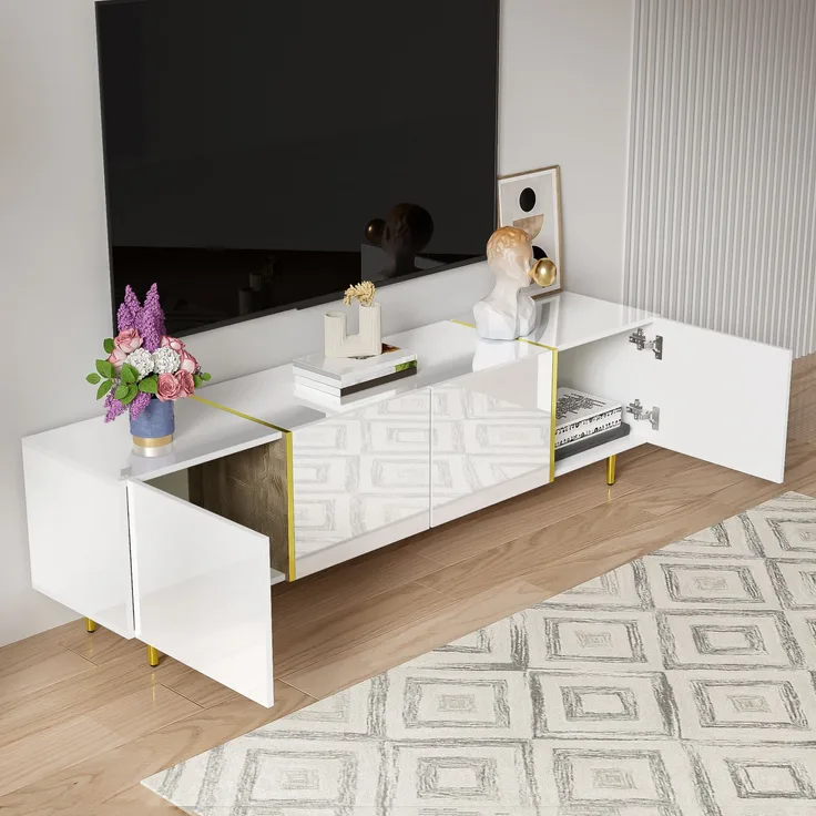 TV-Lowboard, MDF in Weiß Hochglanz mit Soft-Close & 4 Türen, 170x35x46 cm, Weiß/Gold