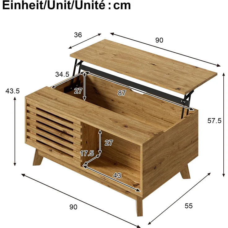 Couchtisch Modern Retro, höhenverstellbare Tischplatte, verschiebbare Jalousietür, Holz-Optik, MDF-Korpus, multifunktionaler Wohnzimmertisch--Natürlich--90x55x57.5cm--YOUDENOVA – Bild 4
