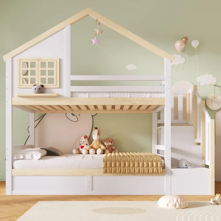 Etagenbett mit 2 Liegeflächen, Rausfallschutz, Stauraum und Lattenrosten, Treppe mit Regal, 90x200 cm/90x200 cm, Kinderbett, Stauraumbett, Kiefer – Bild 4