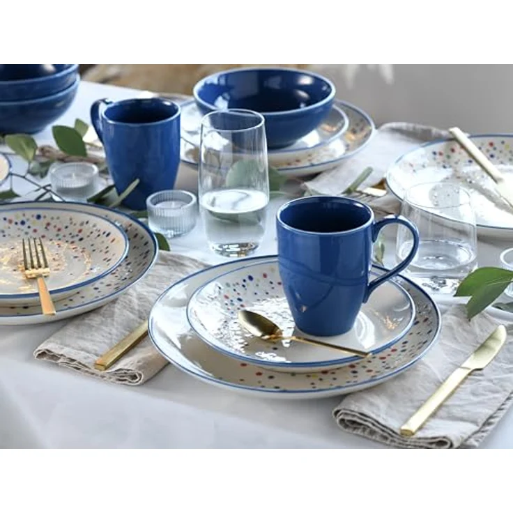 Creatable Kombiservice Joy, 16-teiliges Geschirrset in Blau-bunt und Creme, handbemalt, lebensmittelecht, stapelbar, mit Punkten, 300 ml und 400 ml Füllmenge – Bild 2