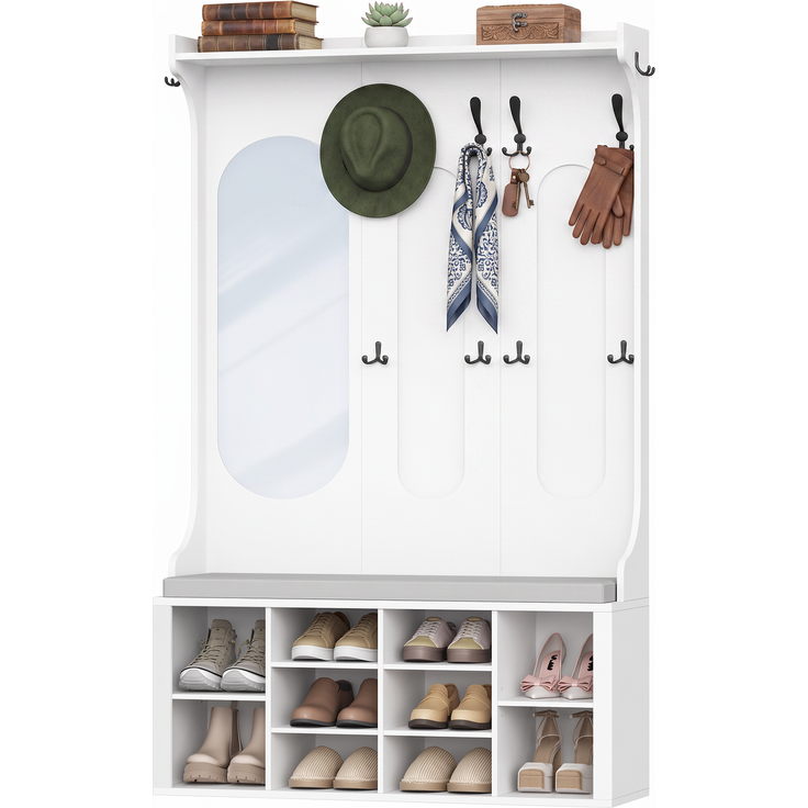 Halupeit Weiße Garderobe für den Eingangsbereich mit Spiegel, Schuhbank und Schuhschrank; Haken; verstellbare Regalböden; 36 × 100,5 × 185,5 cm – Bild 2