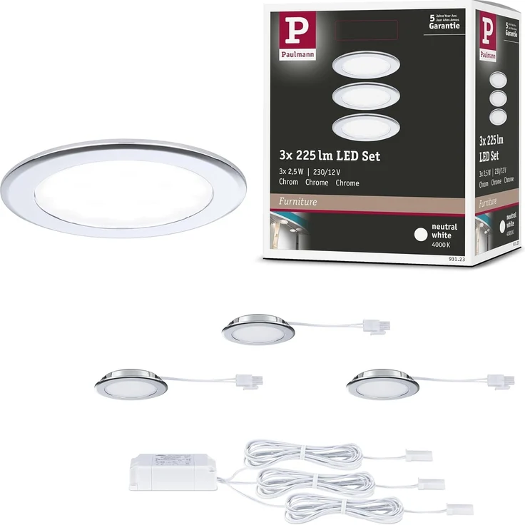 Paulmann 93123 LED Möbeleinbauleuchten 3er Set 4000K Chrom – Bild 1