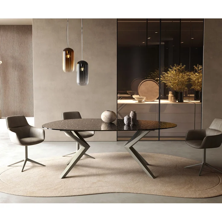 Esstisch Edge Oval 220x120 Reliefglas Rauchschwarz 3D-Design Zenthara kantig Metall Effektfinish Titan – Bild 2