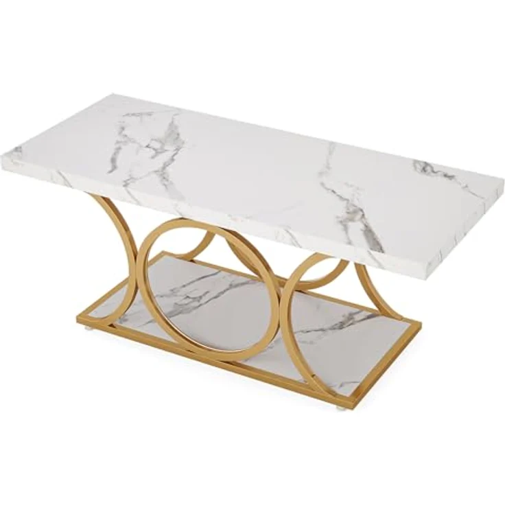 LITTLE TREE Weißer rechteckiger Couchtisch, 119 cm, moderner Couchtisch für Wohnzimmer, 2-stöckiger Couchtische aus Kunstmarmor, mit Stauraum, großer Mitteltisch mit goldfarbenen Metallbeinen – Bild 9
