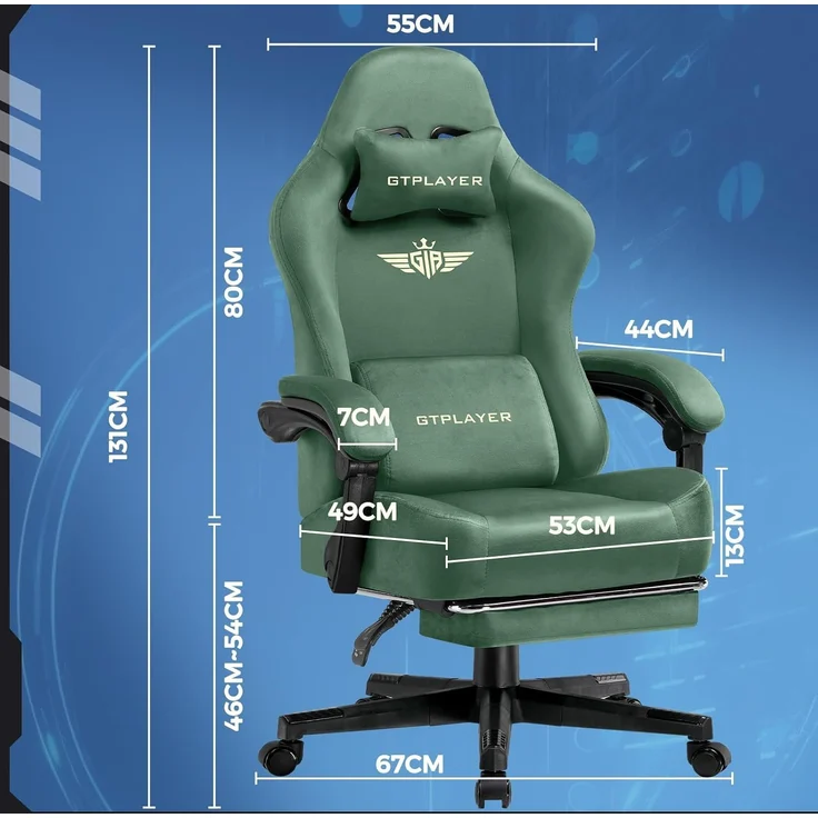 GTPLAYER Gaming Stuhl, Atmungsaktiver Bürostuhl, bürostuhl ergonomisch, Hochwertiger - Stoff, Ergonomischer PC Stuhl, 160° Verstellbare Rückenlehne und ausziehbare Fußstütze, Grün – Bild 8