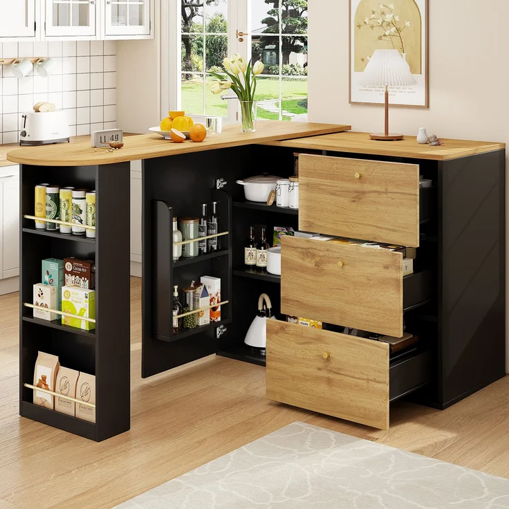 Ausziehbarer Bartisch 138–204×39×104 cm, 360° Dreh- und Ausziehfunktion, Wellendekor-Türen, 3 Schubladen, 3-stufiges Seitenregal, 104cmx138-204cmx39cm, Schwarz – Bild 3