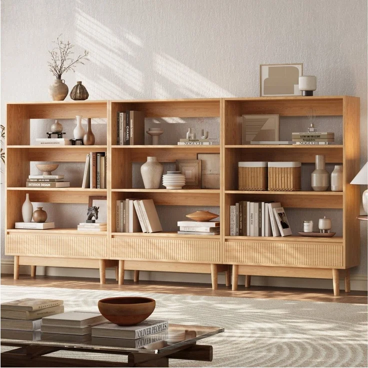 VOWNER Bücherregal mit Schublade, offenes Standregal, modernes Holzregal, 3-tlg, vielseitiges Aufbewahrungsregal, 3 Ebenen, Maße 240x120x30 cm – Bild 1