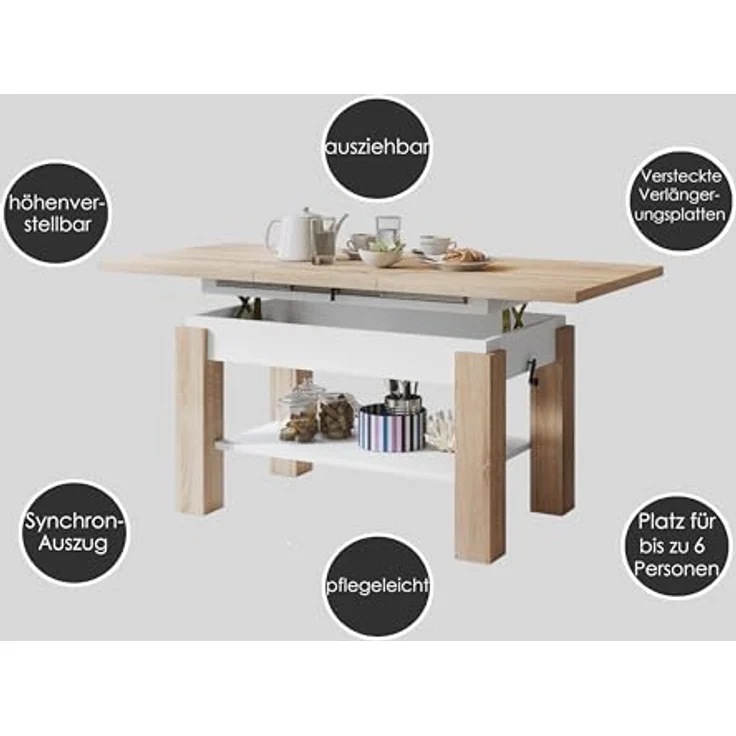 designimpex Couchtisch Couchtisch Astoria Eiche Gold höhenverstellbar ausziehbar Esstisch, Funktionstisch, Wohnzimmertisch, Tisch, Esstisch, Sofatisch – Bild 6