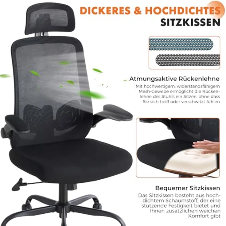 Sweetcrispy Ergonomischer Bürostuhl mit Kopfstütze & verstellbaren Armlehnen – höhenverstellbar, 360° drehbar, Gaming & Schreibtischstuhl für Homeoffice & Büro, Schwarz – Bild 4