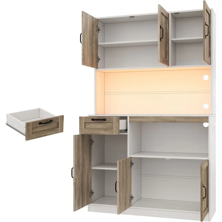 Küchenschrank, hoher Aufbewahrungsschrank mit LED-Beleuchtung und Steckdosen, Vorratsschrank mit 6 Türen und 1 Schublade, Vitrinenschrank für Wohnzimmer und Esszimmer, 110 × 40 × 180 cm--Weiß+Natur--110x40x180cm--YOUDENOVA – Bild 9