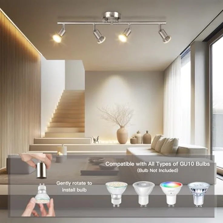 Dehobo Deckenleuchte LED Spotleuchte 4 Flammig - GU10 Modern Deckenspot Schwenkbar 350° - Nickelfarbe Drehbar Küchelampe Spot Strahler Decke Schlafzimmer Deckenstrahler Ohne Leuchtmittel – Bild 5