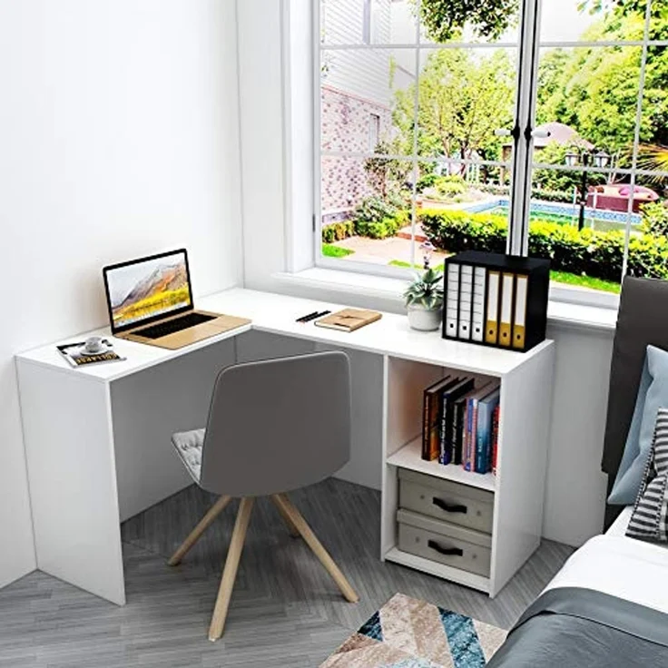 Mondeer Eckschreibtisch, Computertisch L-Förmig Schreibtisch mit 2 Ablagen Großer fürs Arbeitszimmer Wohnzimmer Büro 108×135×73,5 cm (Weiß) – Bild 2