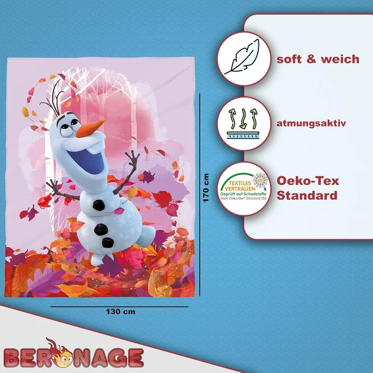 BERONAGE Tagesdecke Frozen Die Eiskönigin Decke Olaf Summer 130x170 cm Kuscheldecke, passend zur Bettwäsche, ideal für Sofa, Couch, Bett, Auto, Camping – Bild 2