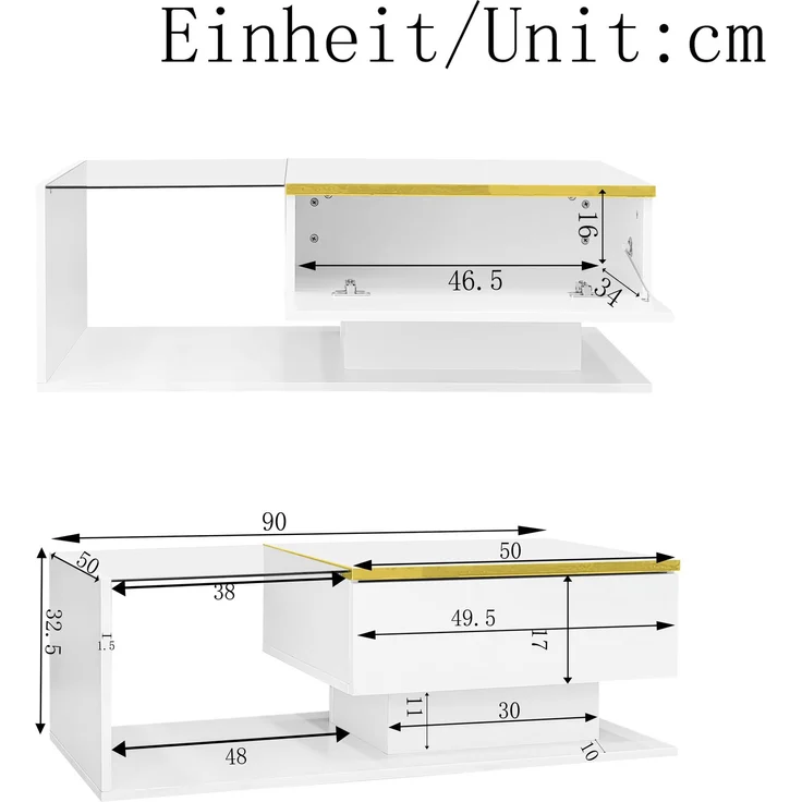 Couchtisch 90x50 cm Hochglanz Weiss LED Beleuchtung App Steuerung 16 Farben Glasplatte Wohnzimmer – Bild 10