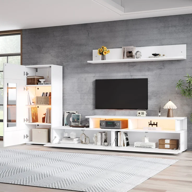 TV Wohnwand Set 3-teilig LED Beleuchtung Hochglanz Wohnzimmer Möbel Set Frontale Wohnwand 1 x TV Schrank, 1 x Wohnzimmer Vitrine, 1 x Hängeregal, TV bis 75' Weiß--Weiß--130x46x15.49cm--YOUDENOVA – Bild 9