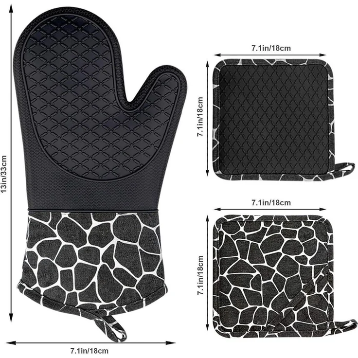Topfhandschuhe Set Silikon/Baumwolle hitzebeständig 1 Paar+2 Topflappen Schwarz – Bild 7