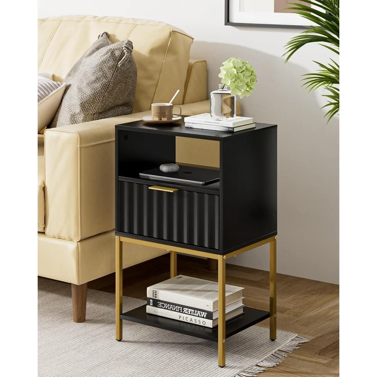 HEYZOEY Nachttisch 3-Tier Schwarz Goldrahmen Endtisch Fernsehtisch – Bild 5