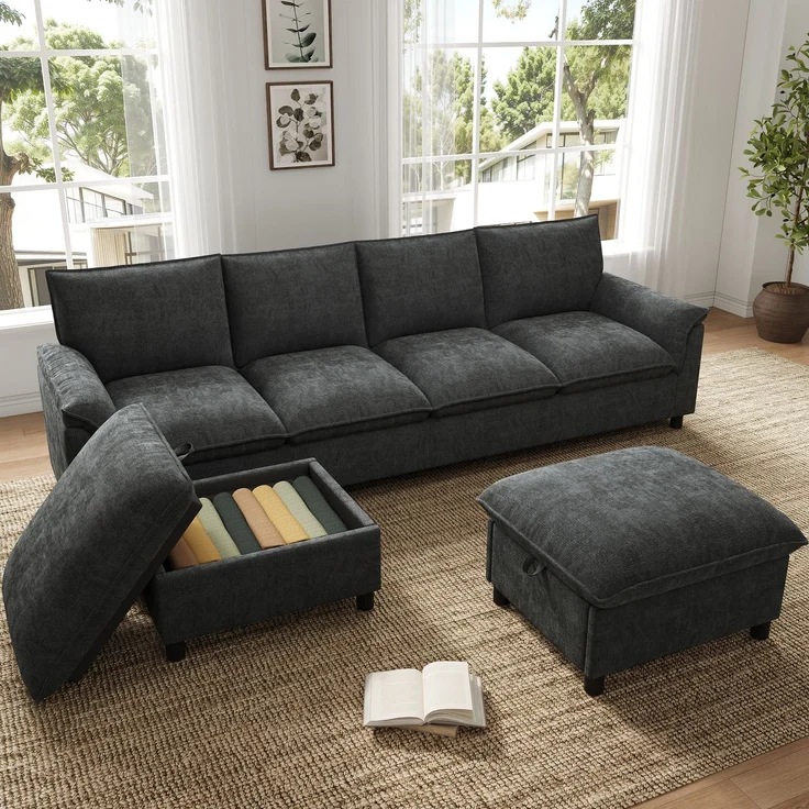 ZUBALIYA Ecksofa 64x46.5 cm, mit Stauraum, mit Ablageflächen, mit Chenille - Bezug, mit breiten Armlehnen, Schwarz – Bild 16
