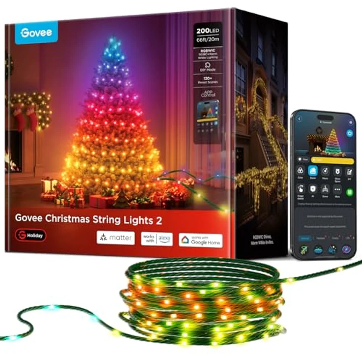 Govee Christmas Lights, RGBWIC 20M Weilnachtsbeleuchtung Außen, 200 LEDs Lichterkette Innen für Weilnachtsbaum, Shape-Mapping,130+ Szenen-Modi, IP65 Wasserdicht, Kompatibel mit Alexa, Grünes Kabel – Bild 2