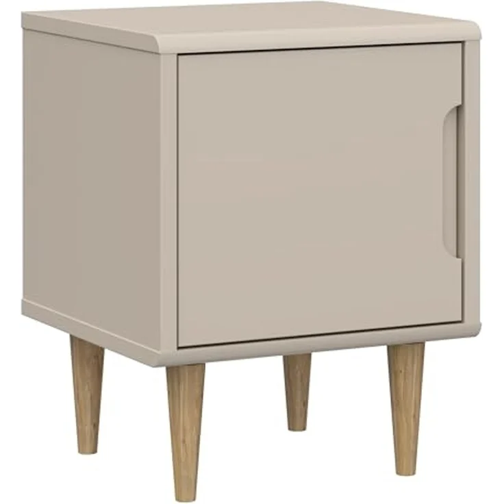 Forte Sherbrooke Nachtschrank 50, moderner Skandi-Stil, leichte Montage Dank EasyKlix by Forte, Tür mit Griffmulde, hohe Füße, Holzwerkstoff, Kaschmir Beige, 44,8 cm breit x 57,8 cm hoch x 43 cm tief – Bild 1