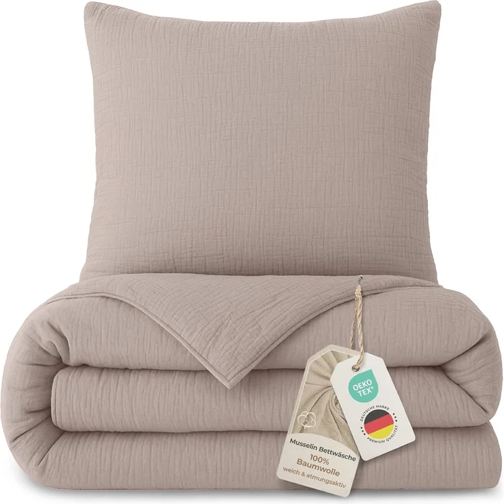 Laynenburg Bettwäsche Musselin aus 100% Baumwolle in 135x200 oder 155x220 cm, atmungsaktiv & bügelfrei – 3 lagig mit Reißverschluss & Haltebändern – Bild 1