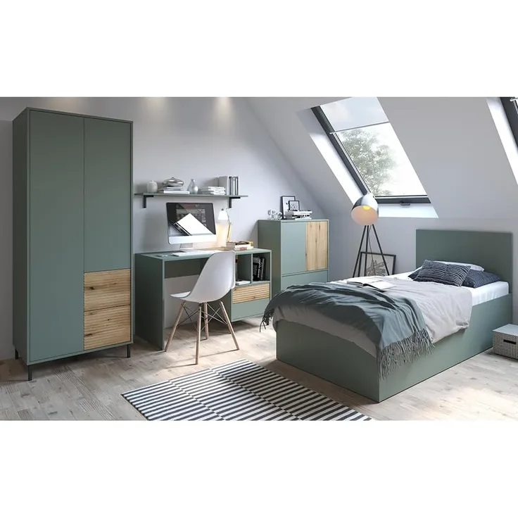 Lomadox Jugendzimmer-Set PARMA-129, (Sparset, 5-tlg, Kleiderschrank Schreibtisch Wandpaneel Kommode Bettgestell), in grau-grün mit Eiche Nb, 90x200 cm Liegefläche