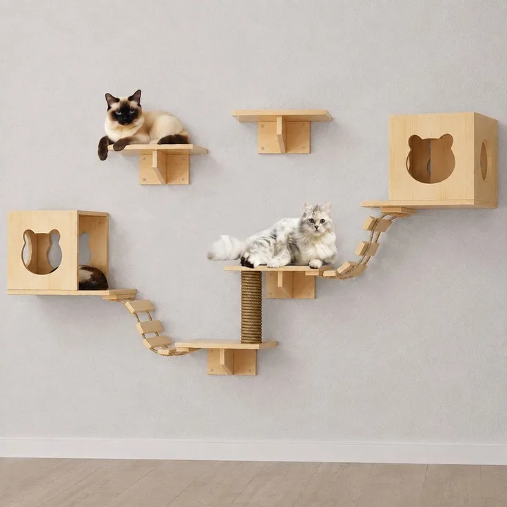 PEALOV Katzen-Kletterwand 9 Stück Deluxe‑Katzenmöbel aus Holz, Katzenbett, Klettergerüst, Tragkraft 12 kg, Wandmontage im Innenbereich