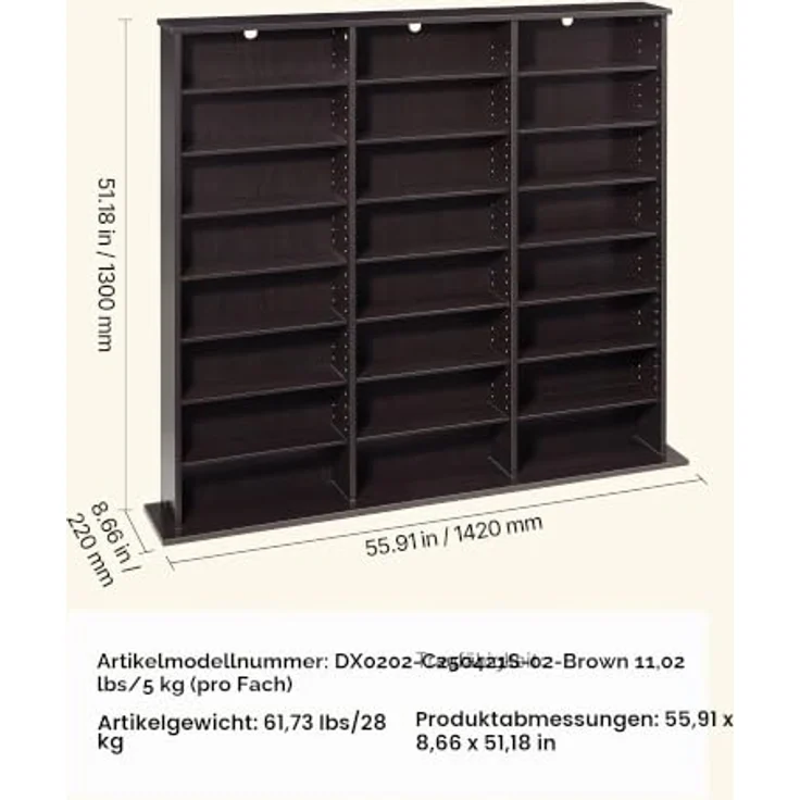 VEVOR DVD-Regal mit 24 Fächern (8 Ebenen), Medienregal Standregal 142 x 22 x 130 cm, Platzsparendes Aufbewahrungsregal für CDs DVDs Bücher Spiele-Discs, Bücherregal für Wohnzimmer/Homeoffice, Braun – Bild 3