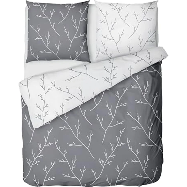 LINKHOFF Wendebettwäsche Biber Bettwäsche 135x200 / 155x220cm - Zweigemuster in Grau Weiß, Anthrazit Zweige 100% Baumwolle Bettwäsche-Set Aesthetic Floral – Bild 9