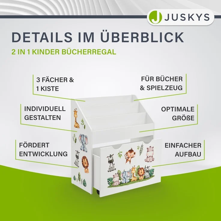 Juskys Kinder Bücherregal mit 3 Fächern & Spielzeugkiste, Weiß, 63 x 30 x 70 cm (BxTxH) – Bild 7