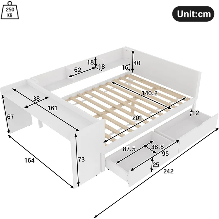 Multifunktionales Holzbett 140×200 cm mit Schreibtisch, Schubladen & Regalen – platzsparendes Doppelbett für modernes Schlafzimmer – Bild 7