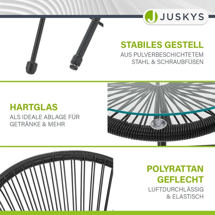 Juskys 'Ostana' Balkonmöbel Set, 3-teilig, Tisch + 2x Sessel, Polyrattan, Schwarz – Bild 6