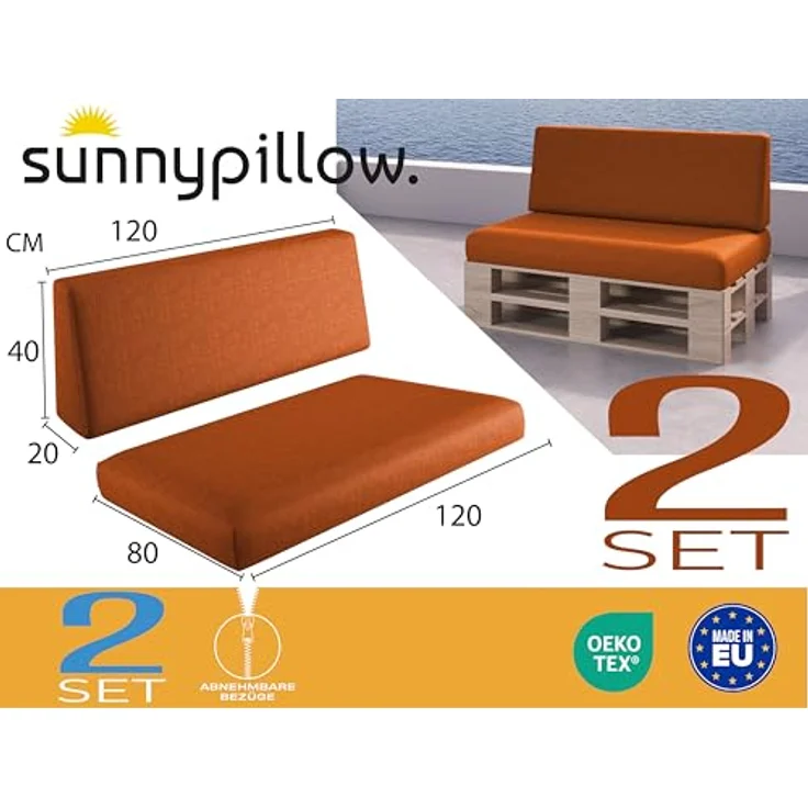 sunnypillow Palettenkissen mit abnehmbarem Bezug Kaltschaum Palettenauflage Palettenpolster Palettensofa Sitzkissen Rückenlehne Indoor Outdoor 2er Set 120x80 Orange – Bild 3
