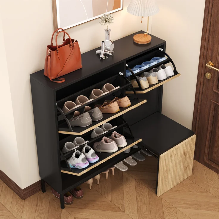 Schuhschrank aus MDF mit ausziehbarer Sitzbank & Klappen, 100x25x100 cm, Schwarz/Natur – Bild 8